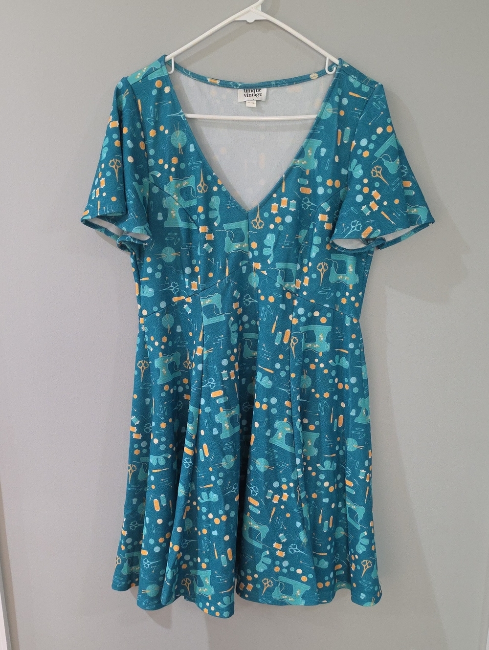 Unique Vintage Teal Short Sleeve Sewing Machine Print Dress